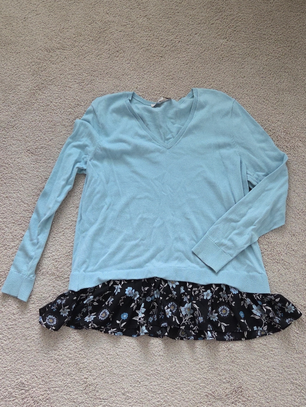 LOFT Light Blue V-Neck Sweater with Black Floral Ruffle Hem